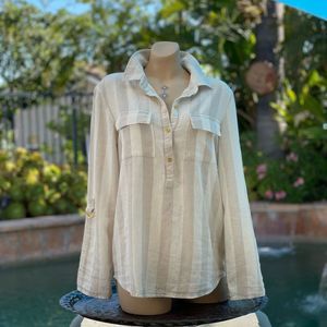 ELLEN TRACY CREAM AND LIGHT TAN STRIPE LINEN SHIRT SIZE M